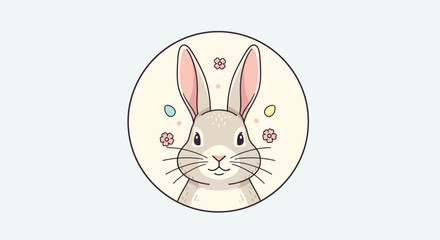 Fototapeta premium Cartoon Rabbit Badge with Pastel Colors and Cute Floral Decorations 