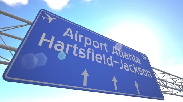 Realistic 3D render of blue sign near Atlanta Hartsfield Jackson Airport with airplane climbing into the sky, departing from Atlanta, United States.