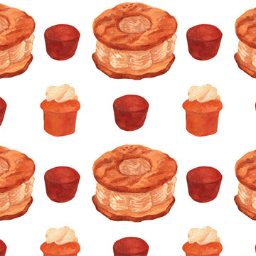 Watercolor French pastry seamless pattern with pithiviers cake and rum baba, hand painted dessert repeat background for bakery branding, textile, wrapping paper, and menu design
