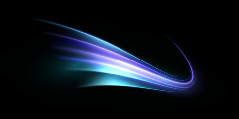 A blue-violet glowing ‘swish’ on a black background, ideal for futuristic designs, sci-fi-style visual effects and digital composites. An abstract vector light effect with a smooth, glowing motion. © Valeriia