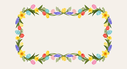 Obraz premium Floral Easter Garland Frame with Colorful Flowers and Pastel Eggs Design