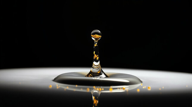 A drop of liquid creates an elegant coronet splash upon impact, with golden particles suspended atop symmetrical mirrore