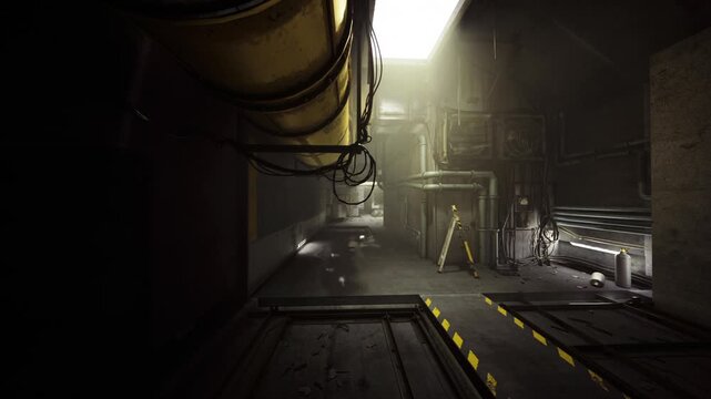 Abandoned utility corridor with leaking pipes, damp concrete, scattered debris, yellow tripod marker, hazy backlight, gritty texture, dystopian vibe