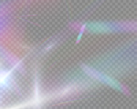 Soft holographic prism light with iridescent refraction and pastel glow on transparent background. Abstract vector effect for overlays, beauty branding, glossy visuals and futuristic design.