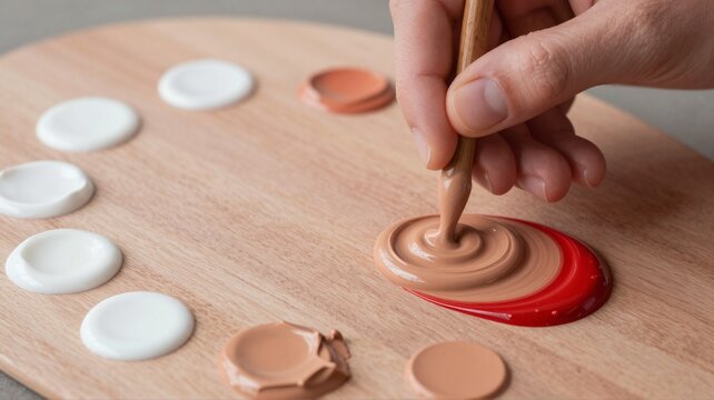 Mixing foundation makeup on a wooden palette, creating custom color for beauty and cosmetics application