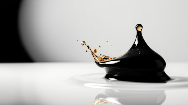 Black droplet impacts water surface, forming a crown-shaped splash with golden particles, against a minimal backdrop wit