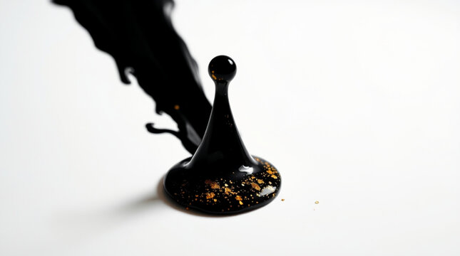 A black liquid splashes on white background forming sharp peaks with golden particles, irregular dark streams extend fro