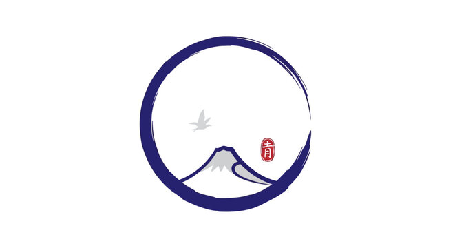 Minimalist Japanese Mt Fuji Logo with Enso Circle and Crane