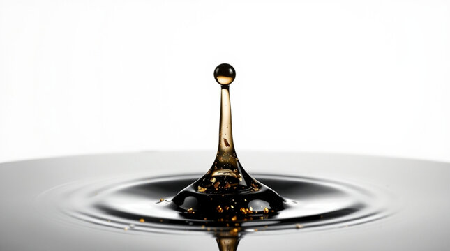 A dark liquid droplet impacts water, creating a crown-shaped splash with a hanging droplet, concentric ripples, and stro