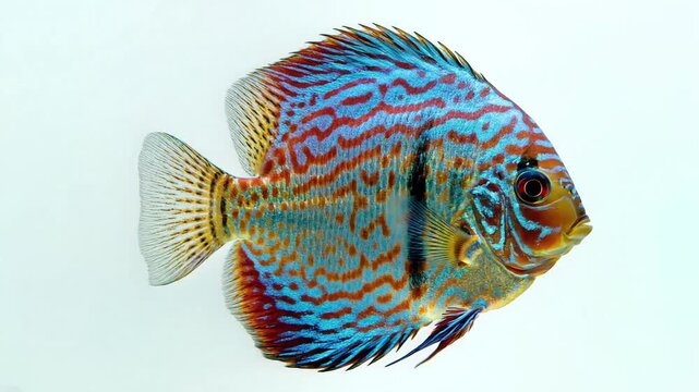 Vibrant Discus Fish Swimming in Clear Water Aquarium Scene.