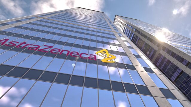 AstraZeneca mark spread across a reflective tower front, shown as an illustrative editorial 3d rendering