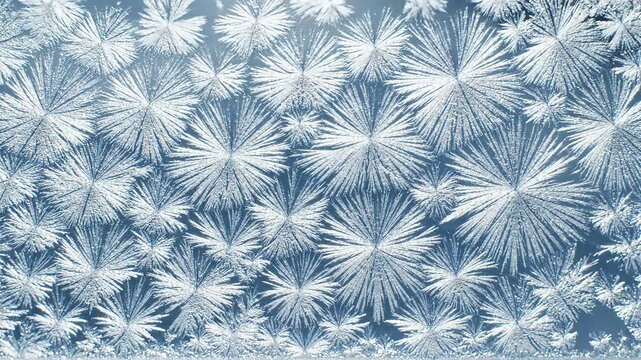 Intricate frost patterns resembling delicate ice flowers blooming in a winter wonderland, showcasing nature's artistic beauty in freezing temperatures