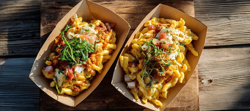 gourmet loaded fries in paper containers on wooden table