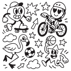 Isolated separated layered lineart outline of cartoon characters skateboarding cycling playing © Pakpong