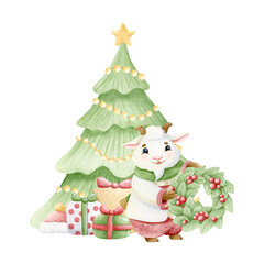 Fototapeta premium Cartoon fairy goat in winter coat with wreath and presents near decorated Christmas tree watercolor illustration in traditional red green. Funny smiling character for Happy New Year greeting cards