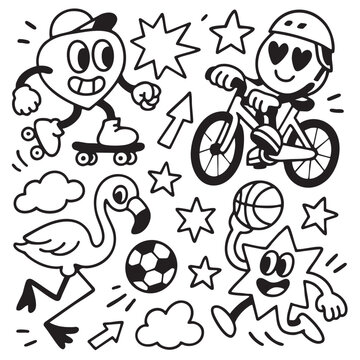Isolated separated layered lineart outline of cartoon characters skateboarding cycling playing