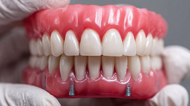 Closeup of realistic full dentures with dental implants, held by gloved hands, showcasing modern dental restoration and oral health