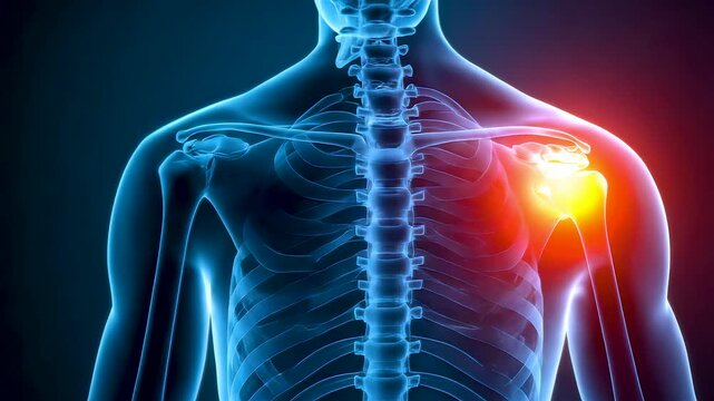 Human upper body anatomy showing highlighted shoulder joint pain area with glowing effect in medical visualization of bones and muscles
