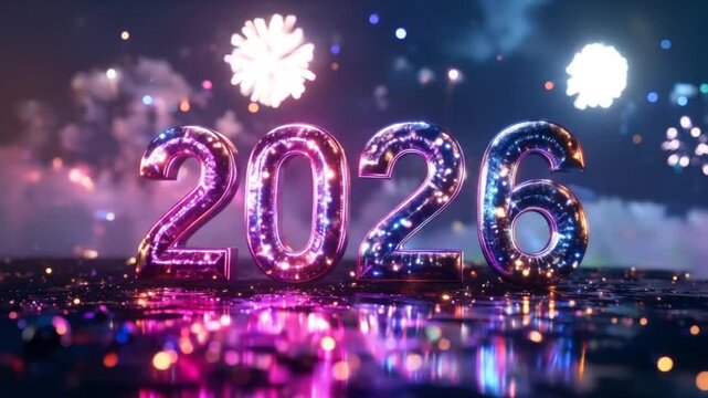 New Year's Eve celebration with fireworks and neon lights reflecting on water surface.
