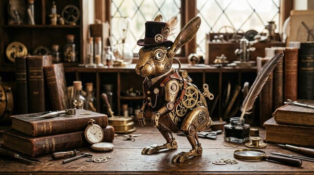 Mechanical steampunk rabbit with top hat and clockwork gears in a vintage workshop