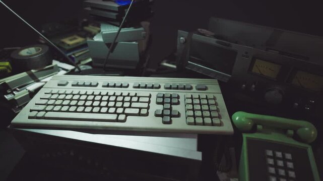 Beige keyboard and green telephone dominate cluttered desk, stacked peripherals, ambient low light, dusty keycaps, analog telephone, nostalgic tech vibe,