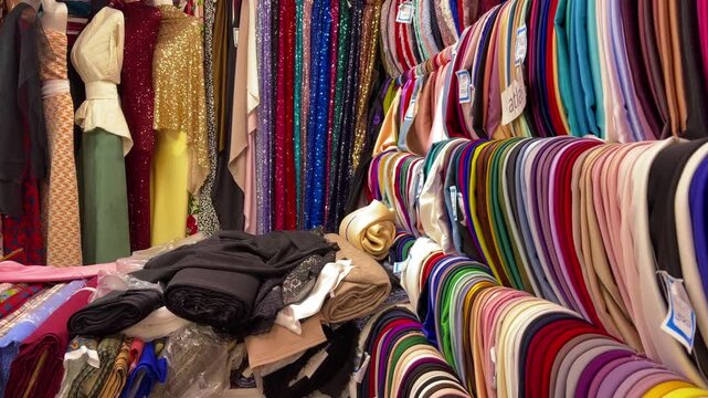 Energetic Retail Space Featuring Variety Of Luxurious Textiles And Elegant Dress Displays