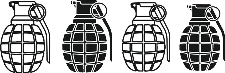 Obraz premium Four hand grenades line up military explosive weapon army ammunition combat danger conflict threat warfare attack defense