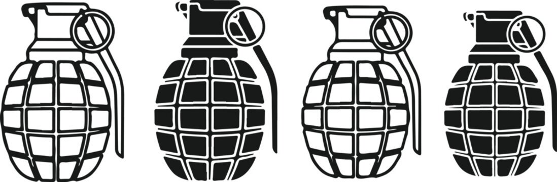 Four hand grenades line up military explosive weapon army ammunition combat danger conflict threat warfare attack defense