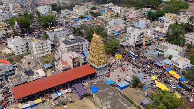 Chikka Tirupati Karnataka India March 2026 Aerial view of temple and busy streets during festival