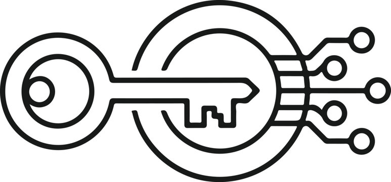 Stylized key is connected to a circuit board and network points, symbolizing digital security or access