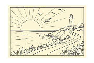 Fototapeta premium Sunrise over the ocean with a lighthouse and a winding road.