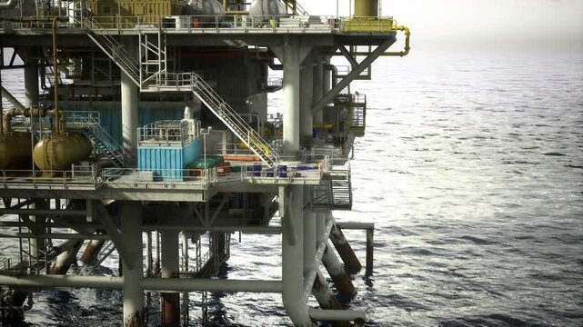 Offshore oil rig platform operational hub with large tanks and piping, crew moving between modules, open deck and service boxes, textured ocean surrounding