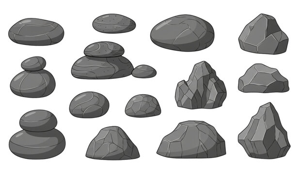 Collection of stylized grey rocks and stones in various shapes