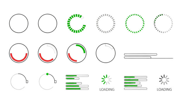 Collection of circular and linear loading indicators and progress bars