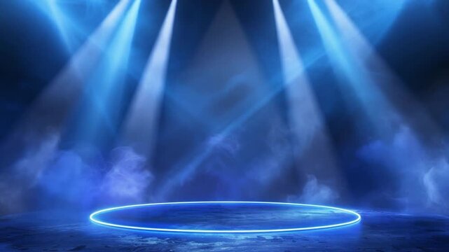 A blue neon illuminated stage with spotlights casting down, surrounded by smoky atmosphere