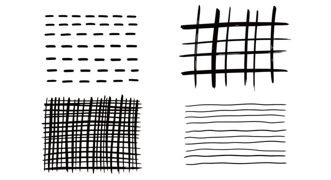 Black Ink Stroke Patterns Hatching and Grid Textures for Minimalist Hand Drawn Graphic Design Elements