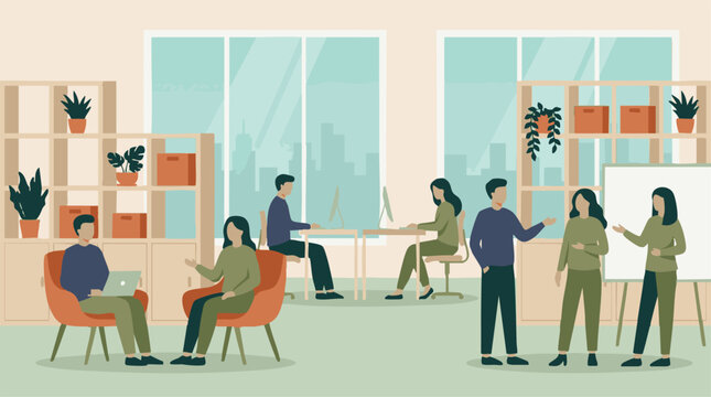 Business people working and interacting in a contemporary office setting
