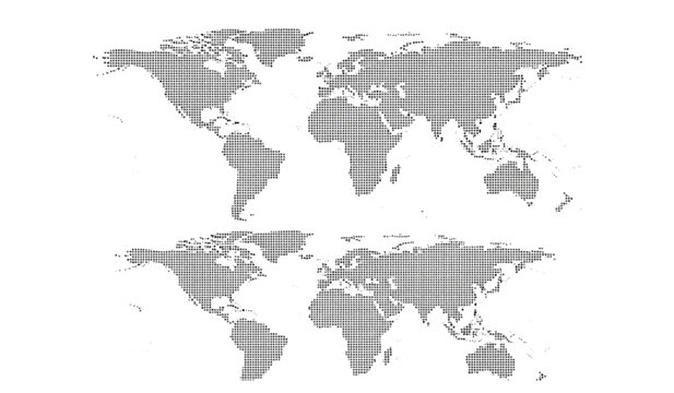 World map comprised of black dots on a white background