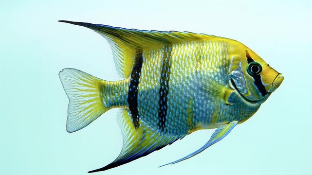 Vibrant striped angelfish swimming gracefully in clear water.