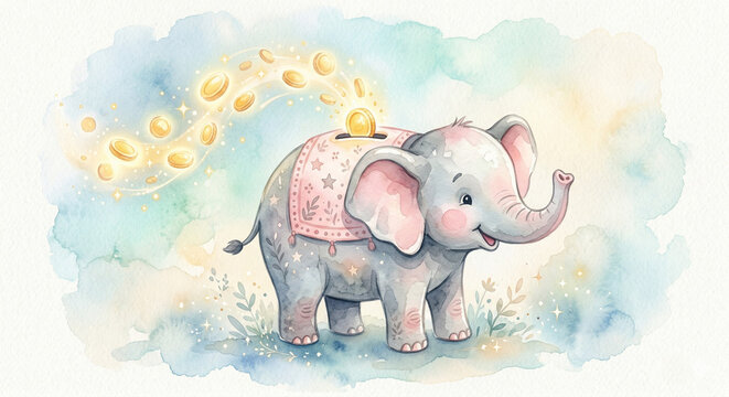 A beautiful watercolor illustration of a whimsical elephant piggy bank, hand-painted with soft, translucent washes of grey and pink. A stream of stylized, golden coin shapes floats gently into its bac