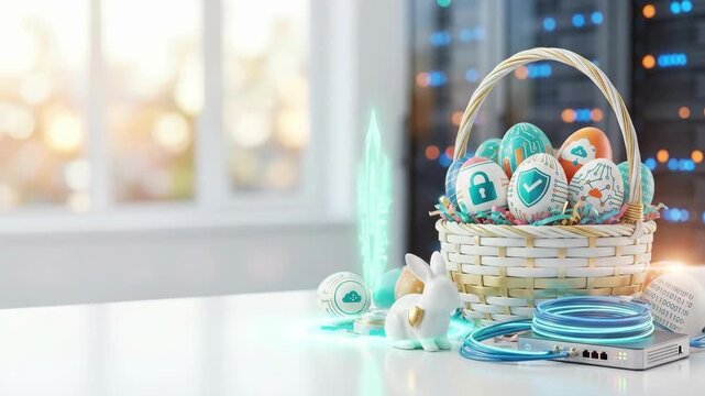 Easter basket filled with colorful eggs and holographic security icons. Digital shield lock and cloud protection with bunny figurine. Cybersecurity data safety concept blended with spring holiday