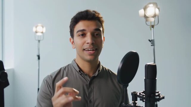 Professional Speaker Using Advanced Equipment. Presenter Delivering Voiceover With Quality Studio Tools