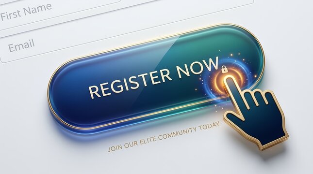 Digital registration button with 'register now' text and glowing lock icon activated by a golden cursor hand pointer signifying online signup