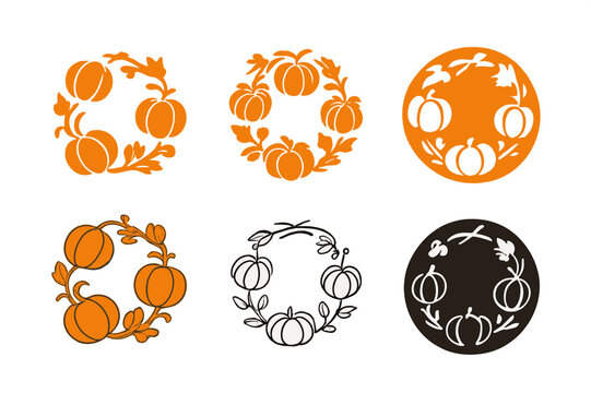 Pumpkin Logo Variations. Decorating with pumpkins. Icon set. Set Logo of decorating with pumpkins: pumpkin wreath. harmonious logo variations of the same
