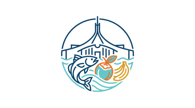 Minimalist Logo Featuring Fish Fruit and Architecture