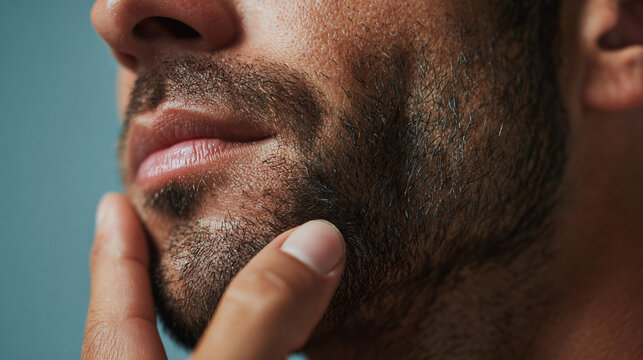 Closeup of a mans stubble beard being touched by his finger, showing texture and detail Concept of grooming and male skincare
