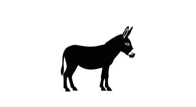 A stark black silhouette of a donkey standing in profile on a clean white background, showcasing its distinct form.