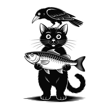 Black cat holding fish with crow on head vector illustration.