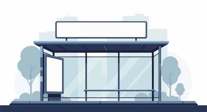 Modern minimalist bus stop shelter with advertising panels and trees