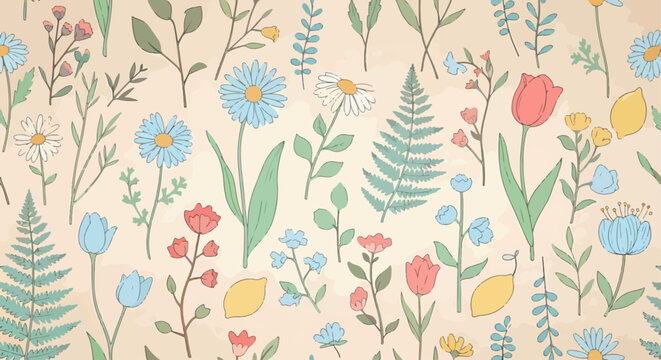 Minimalist spring garden flowers in watercolor illustration with clean layout